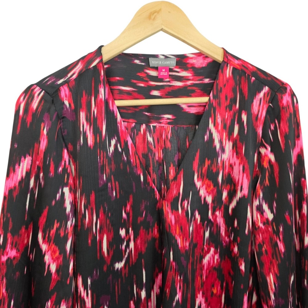 Vince Camuto Blouse M Pink Black Ikat Draped V Neck Long Sleeve Wrap Front Top - Picture 5 of 8